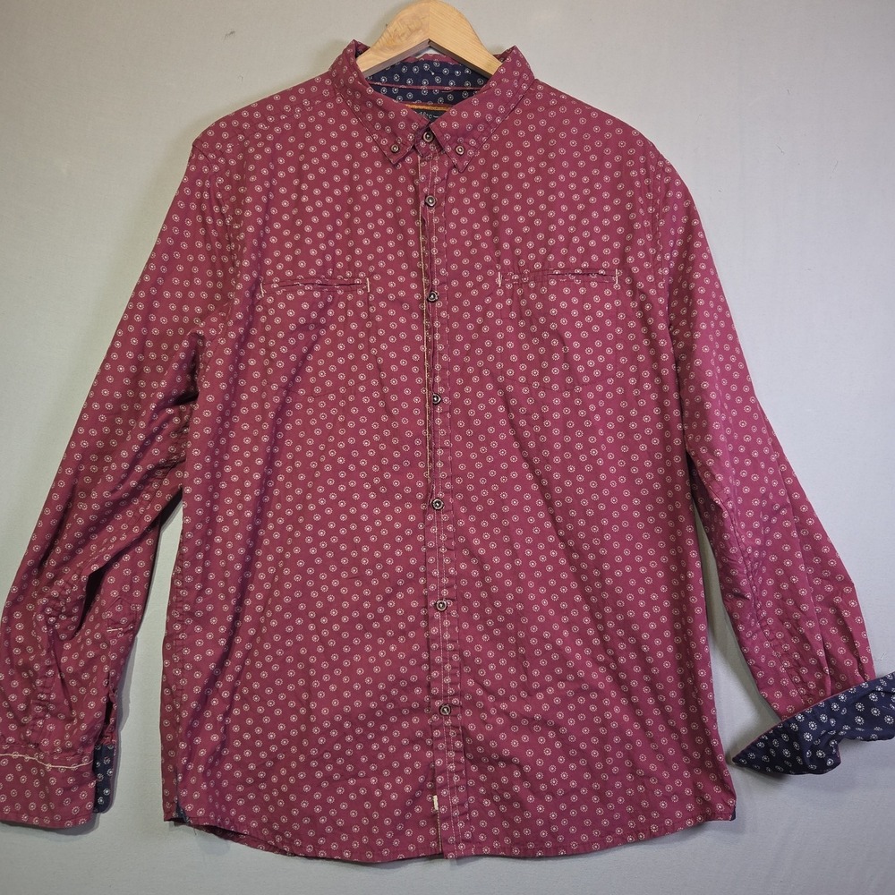 PD&C Men's XL Button Front Shirt Pink Geometric Floral Print Long Sleeve Cotton